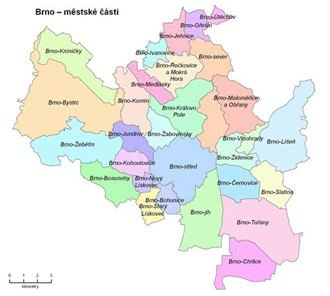mapa Brna s vyznačením městských částí