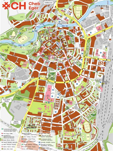 mapa Chebu s vyznačenými lokalitami nabízených nebytových prostor