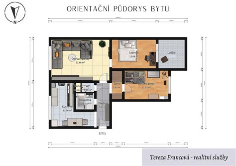 Půdorys bytu s naznačeným uspořádáním a rozlohou