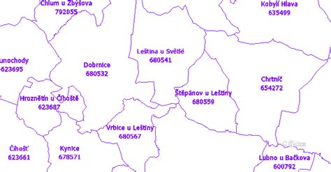 mapa s vyznačením obce Leština u Světlé a okolí