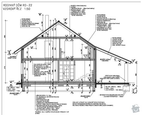 Detailní řez rodinným domem ukazující konstrukci střechy a zateplení