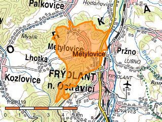 Mapa obce Metylovice a jejího okolí