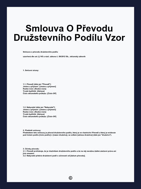 Ukázka smlouvy o převodu družstevního podílu.