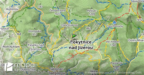 Mapa Rokytnice nad Jizerou s vyznačenými body zájmu (lyžařské středisko, centrum obce, turistické trasy)