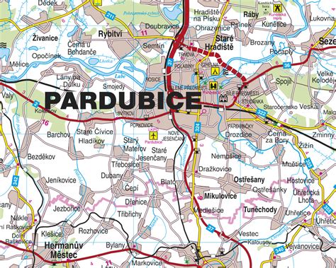 Mapa ukazující polohu Rybitví a okolních obcí v blízkosti Pardubic