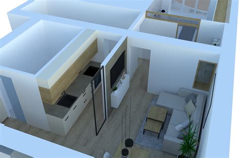 Vizualizace moderního obývacího pokoje s otevřenou dispozicí
