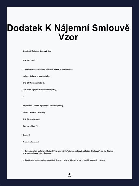 schéma znázorňující strukturu dodatku k nájemní smlouvě