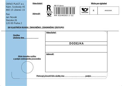 Ilustrace procesu doručování doporučeného dopisu s podacím lístkem a dodejkou.