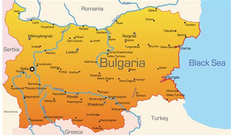 Mapa Bulharska s vyznačenými pobřežními a horskými letovisky