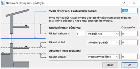 Obrazovka Archicadu ukazující nastavení roviny řezu půdorysu pro Objekt 2