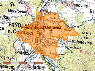 mapa Frýdlantu nad Ostravicí s vyznačenými oblastmi s nabídkou pronájmu