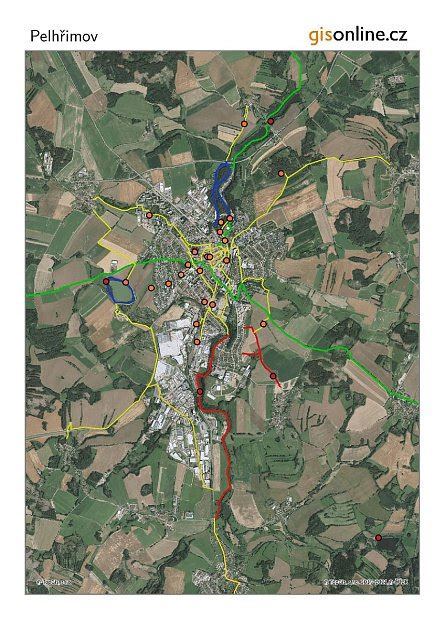 Mapa Pelhřimova s vyznačenými ulicemi, kde jsou nabízeny byty