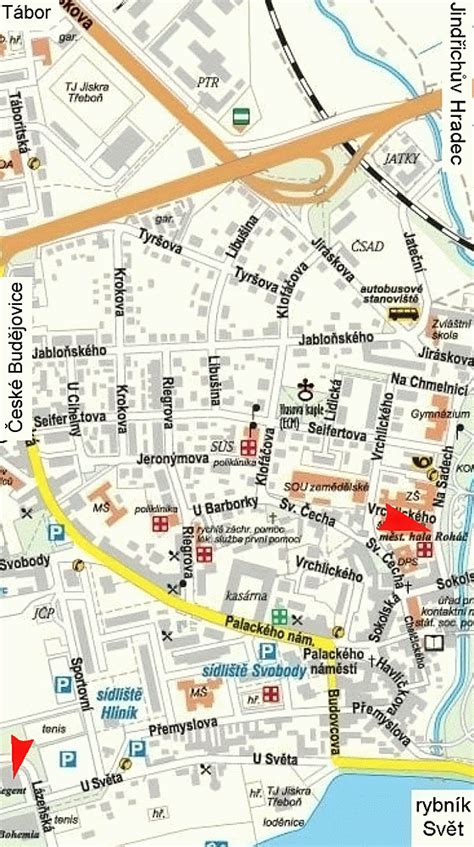 Mapa Hlučína s vyznačeným centrem a Mírovým náměstím