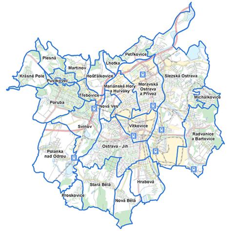 Mapa Ostravy s vyznačenou městskou částí Hrabová