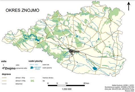 Mapa okresu Znojmo s vyznačenými Jevišovicemi