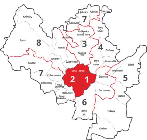 Mapa Brna s vyznačenou lokalitou Řečkovice