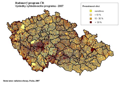 Ukázka radonové mapy s vyznačenými zónami rizika