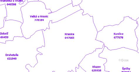 mapa znázorňující katastrální území a jejich hranice