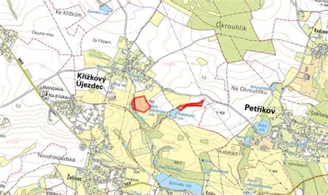 Mapa obce Křížkový Újezdec s vyznačením lokality pozemku