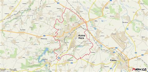 Mapa Kutné Hory s vyznačenými lokalitami historických bran a fortifikací