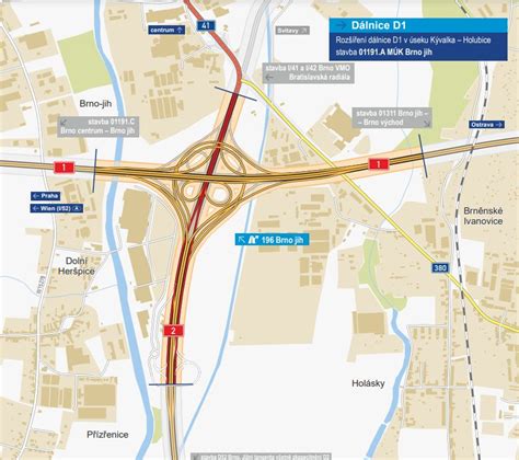 mapa křižovatky D1 a D2 u Brna s vyznačením probíhající rekonstrukce