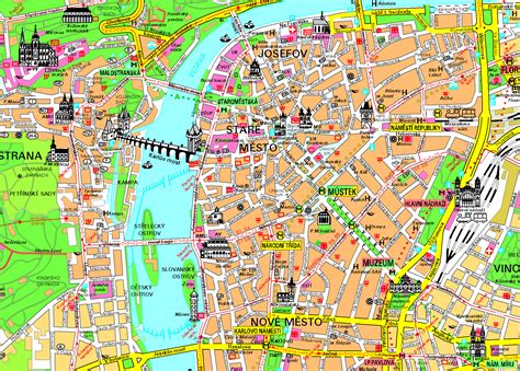 Mapa Prahy s vyznačenou lokalitou Karlín a okolními památkami