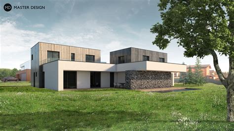 Vizualizace moderní vily s důrazem na velkoformátová okna a propojení s přírodou