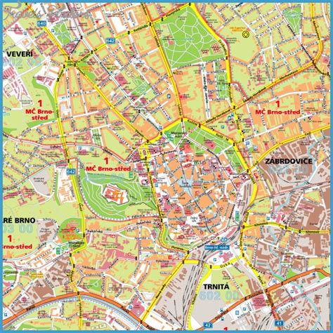 Mapa Brna s vyznačením Náměstí Svobody a okolních ulic