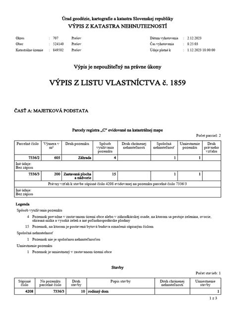 Ukázka listu vlastnictví s vyznačenou částí, kde se zapisují věcná břemena