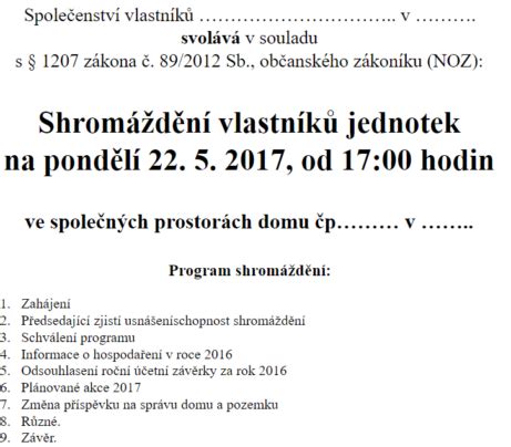 Ilustrační schéma obsahující klíčové náležitosti pozvánky na shromáždění SVJ