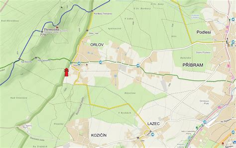 mapa oblasti Příbram - Orlov s vyznačením polohy pozemků a blízkosti lesů