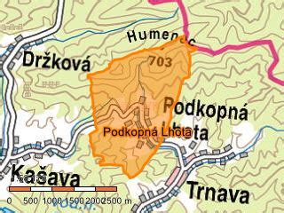 Mapa obce Podkopná Lhota s vyznačenými zónami.